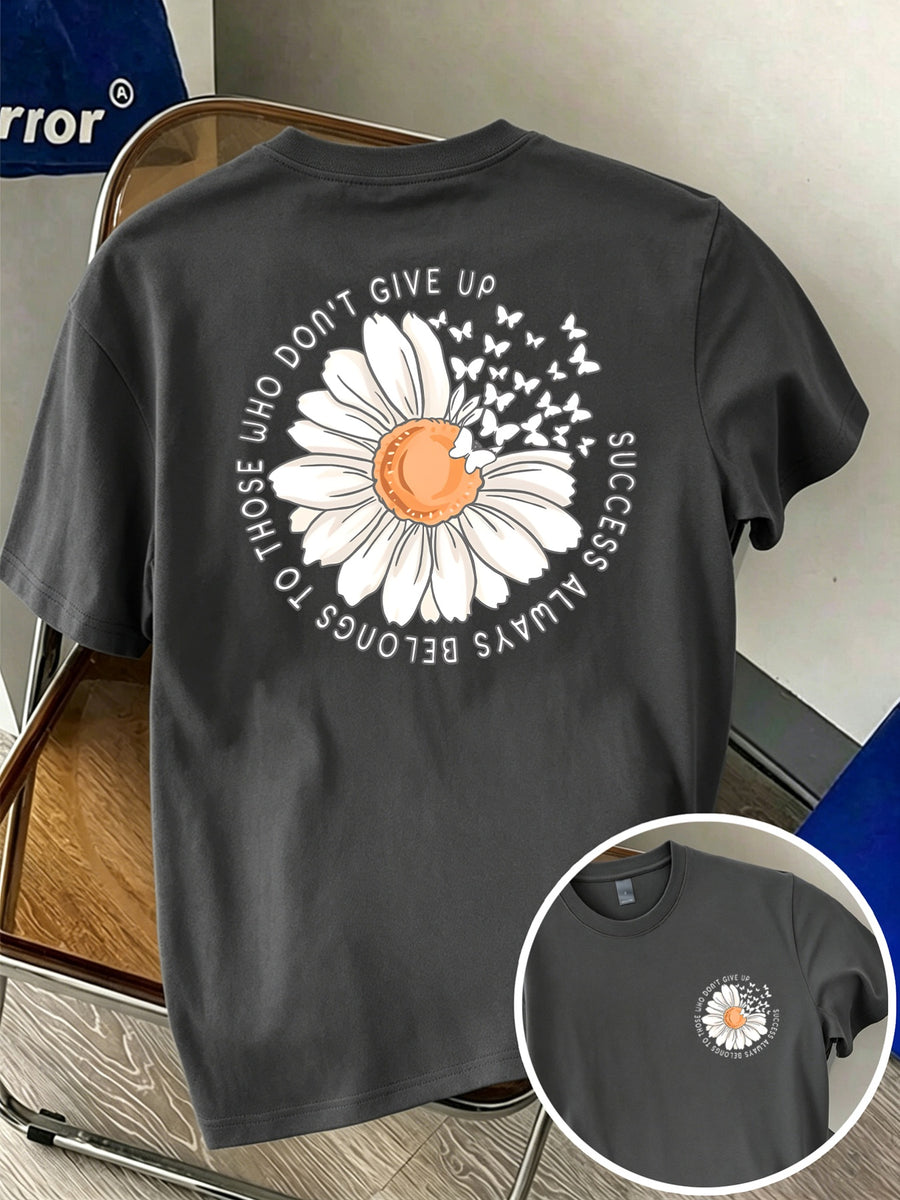 Men's 100% Pure Cotton Comfortable Casual Soft Breathable Daisy and Butterfly Print Short-Sleeve T-Shirt for Spring and Autumn Daily Commuting - Dark Gray