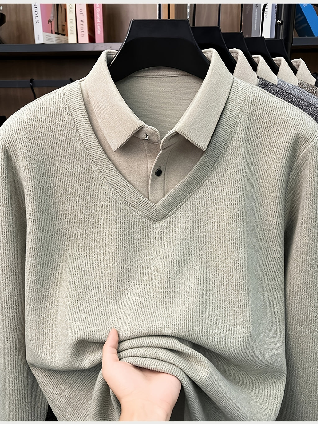 Men'S Autumn V-Neck Faux Two-Piece Pullover Sweater Top, Shirt Collar Patchwork Sweater, Casual Sportswear Top, Warm And Comfortable, Autumn Business Casual Daily Travel Commute Gift Choice, Knit - Beige Apricot