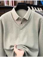 Men'S Autumn V-Neck Faux Two-Piece Pullover Sweater Top, Shirt Collar Patchwork Sweater, Casual Sportswear Top, Warm And Comfortable, Autumn Business Casual Daily Travel Commute Gift Choice, Knit - Beige Apricot