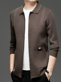 Du Jing Lan OBM Spring/Autumn New Arrival Men's Knitted Cardigan, Old Money Style Solid Color Striped Zipper Front Lapel Knit Cardigan, Men's Business Casual Fashion Zipper Front Knit Cardigan Top, Suitable for Spring, Autumn, and Winter - Coffee Color