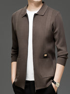 Du Jing Lan OBM Spring/Autumn New Arrival Men's Knitted Cardigan, Old Money Style Solid Color Striped Zipper Front Lapel Knit Cardigan, Men's Business Casual Fashion Zipper Front Knit Cardigan Top, Suitable for Spring, Autumn, and Winter - Coffee Color