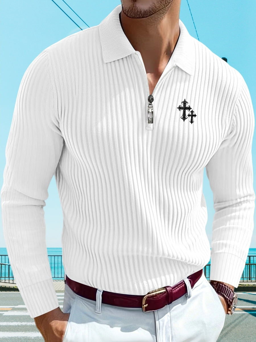 Men'S Print Autumn Striped Casual Sports Outdoor Comfortable Long-Sleeve Polo Shirt - White