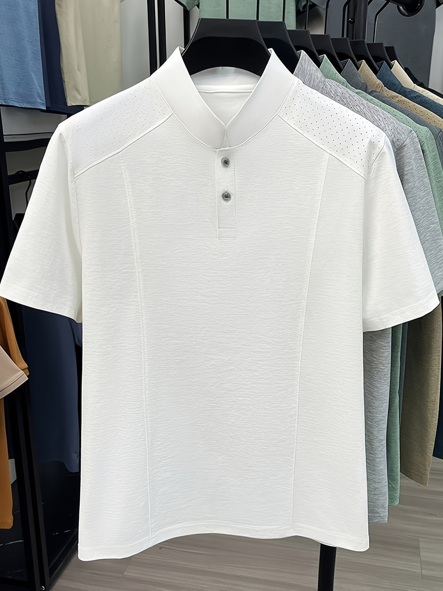 Men's Summer Short-Sleeve Stand Collar T-Shirt - Breathable Small Base Layer Shirt, Solid Color Business Casual Top Suitable for Daily Work Wear, Machine Washable & Dry Cleanable, Asymmetrical Hem - White