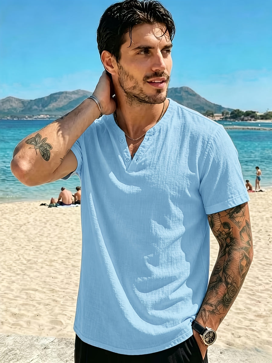 Men'S Summer Solid Short Sleeve T-Shirt, Button-Up V-Neck Casual Top, Soft And Comfortable Linen Fabric, Suitable for Daily Home And Outdoor Wear - Sky Blue