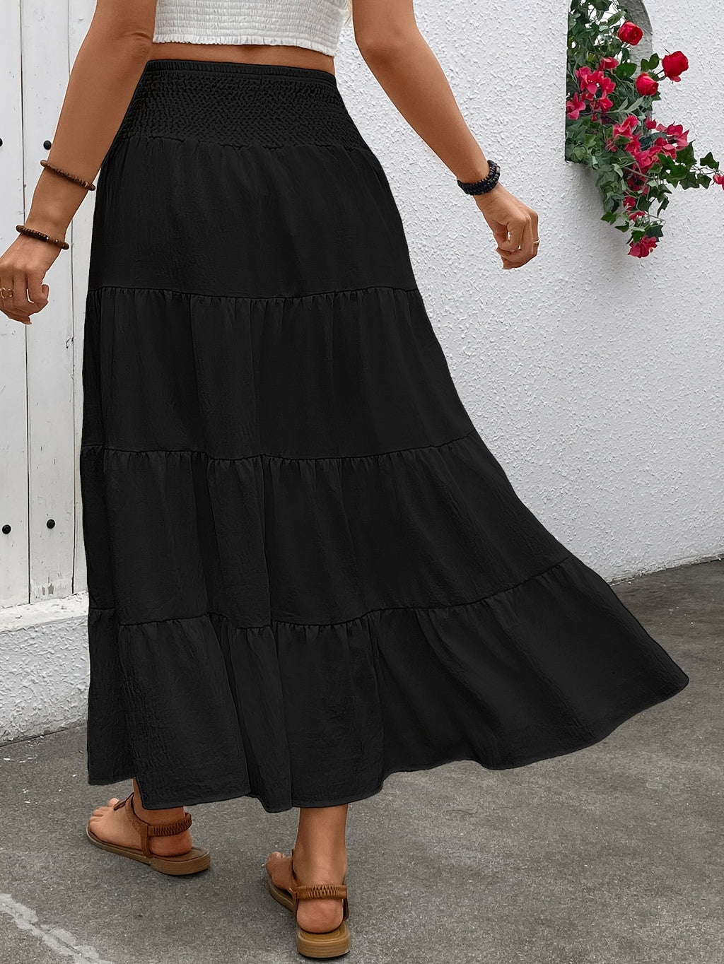 Women's elastic high-waisted ruffle A-line long skirt with drawstring design in Bohemian style. - Black