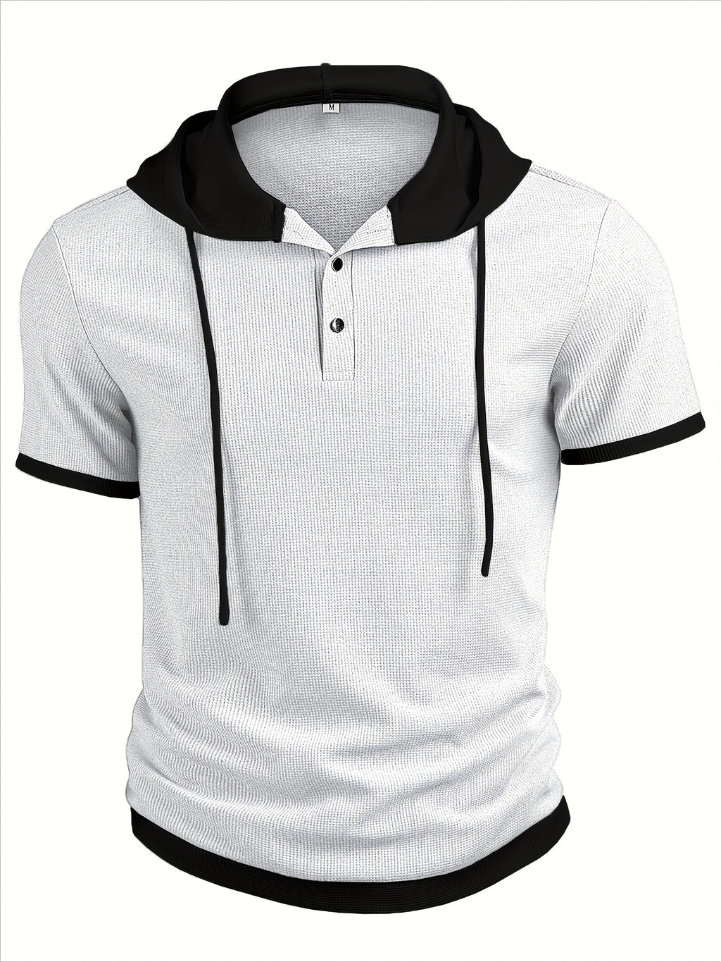 Men's Casual Short Sleeve Hooded Henley Shirt - Textured Waffle Knit & Contrast Color Block Design with Metal Buttons, Breathable Summer Outdoor Sportswear, Machine Washable Regular Fit, Henley Placket Design - White