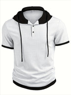 Men's Casual Short Sleeve Hooded Henley Shirt - Textured Waffle Knit & Contrast Color Block Design with Metal Buttons, Breathable Summer Outdoor Sportswear, Machine Washable Regular Fit, Henley Placket Design - White