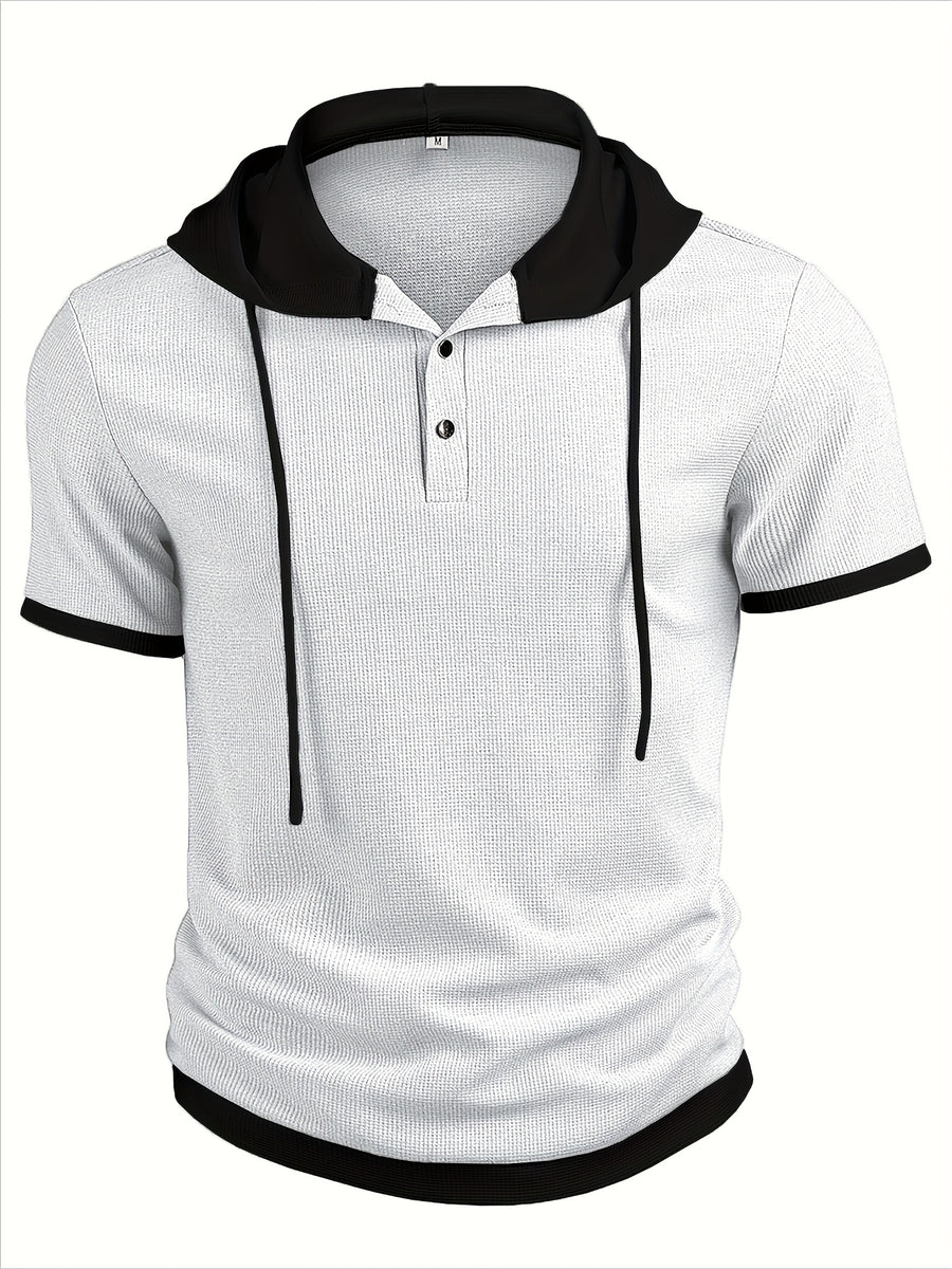 Men's Casual Short Sleeve Hooded Henley Shirt - Textured Waffle Knit & Contrast Color Block Design with Metal Buttons, Breathable Summer Outdoor Sportswear, Machine Washable Regular Fit, Henley Placket Design - White