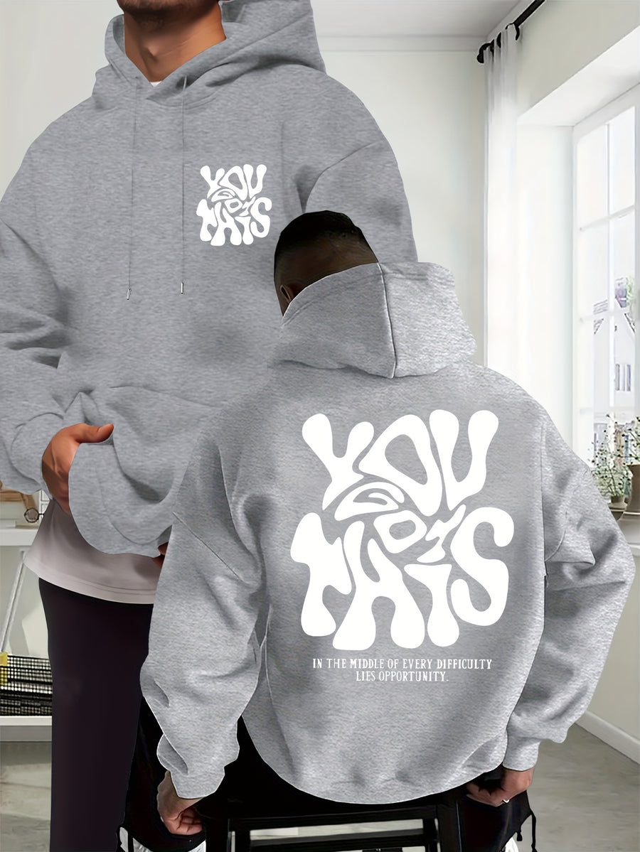 Men's New Trendy Autumn Winter Hoodie, Casual Daily Drawstring Creative Design Printed Sweatshirt with Front Kangaroo Pocket Unisex Top - Flecking Gray