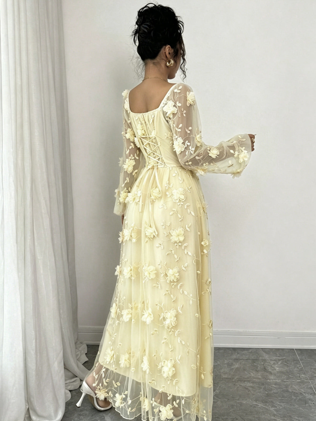 Elegant Mesh 3D Floral Dress, Fairy Style Square Neck Long Sleeve Maxi Dress, Date Afternoon Tea Gentle Style Dress - Yellow