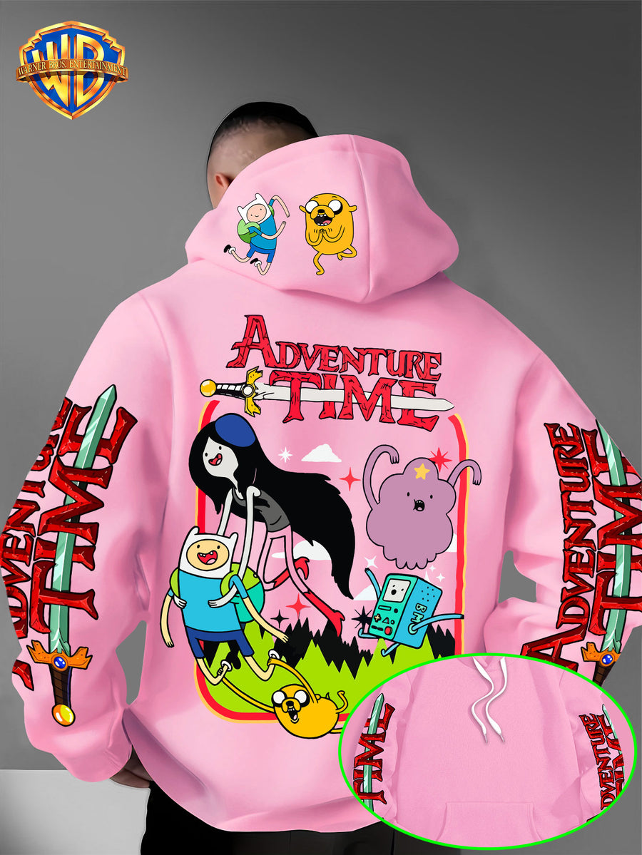 Warner Bros. Adventure Time Large Back Print, Hooded Sweatshirt with Hat Design Pattern, Multifunctional Street Style Men's Hoodie, Comfortable and Casual, Suitable for Autumn and Winter Wear - Pink Color