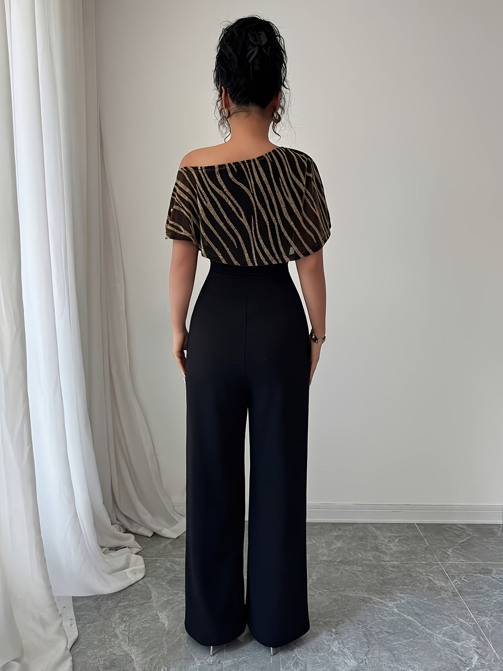 Women'S Golden Foil Patchwork Off-Shoulder Jumpsuit - Black