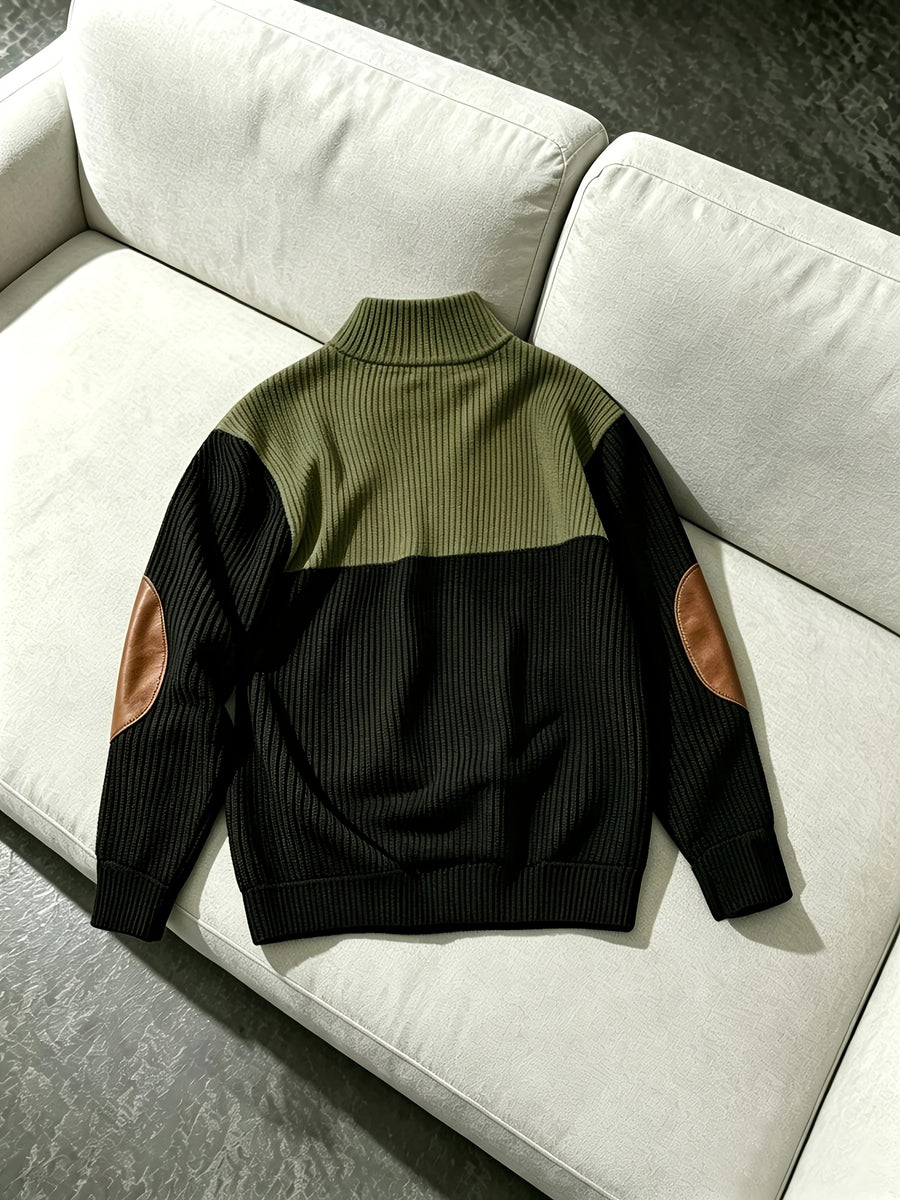 Autumn Winter Men'S Henley Casual Color-Block Lapel Sports Sweatshirt Corduroy Stand-Up Collar Long Sleeve Jacket Suitable for Casual And Athletic Wear - Black With Army Green
