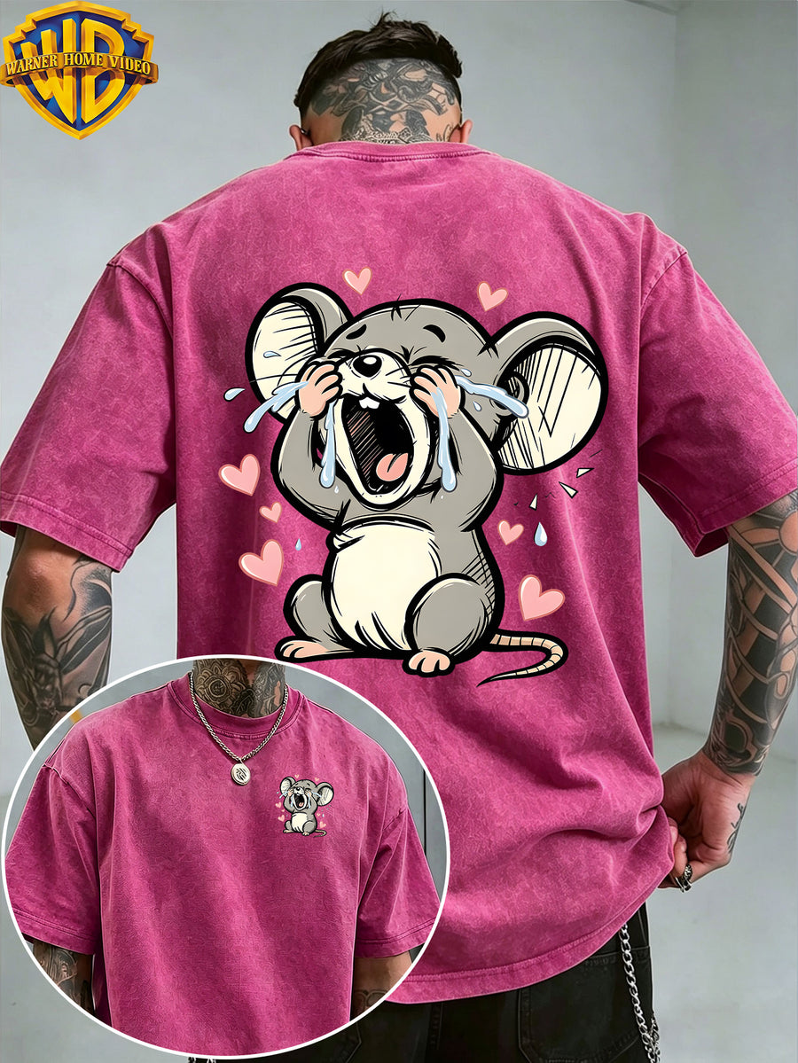 Warner Bros. Officially Authorizes Crying on the Floor with Floating Love Print  Washed Outdated Short Sleeve T-shirt for Men and Women, Machine Washable Daily Commuter Outdoor Sports and Leisure Top - Rose Red