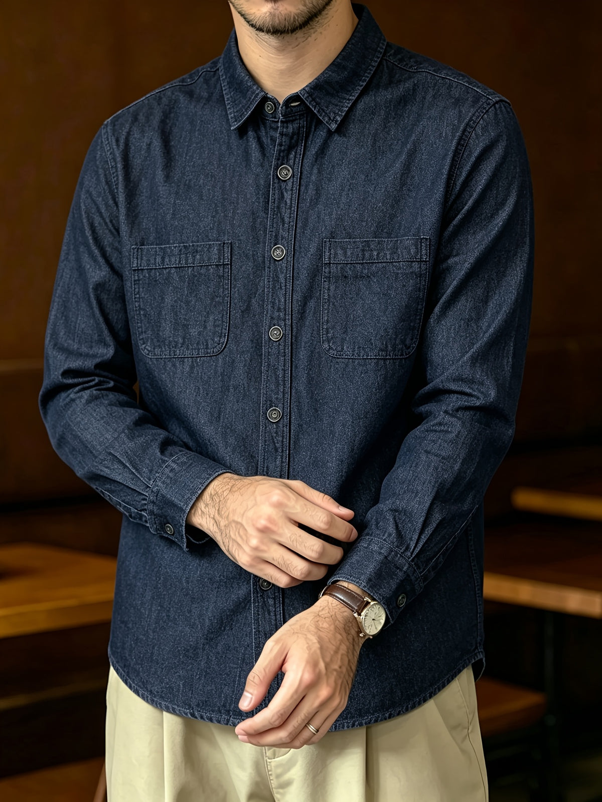 Old Money Outfits Spring/Autumn New Light Business Elegant Commuter Casual Denim Style British Italian Button-Up Men'S Suit Long Sleeve Formal Shirt, Suitable for Work Office Urban Daily Vacation Street - Sea Blue