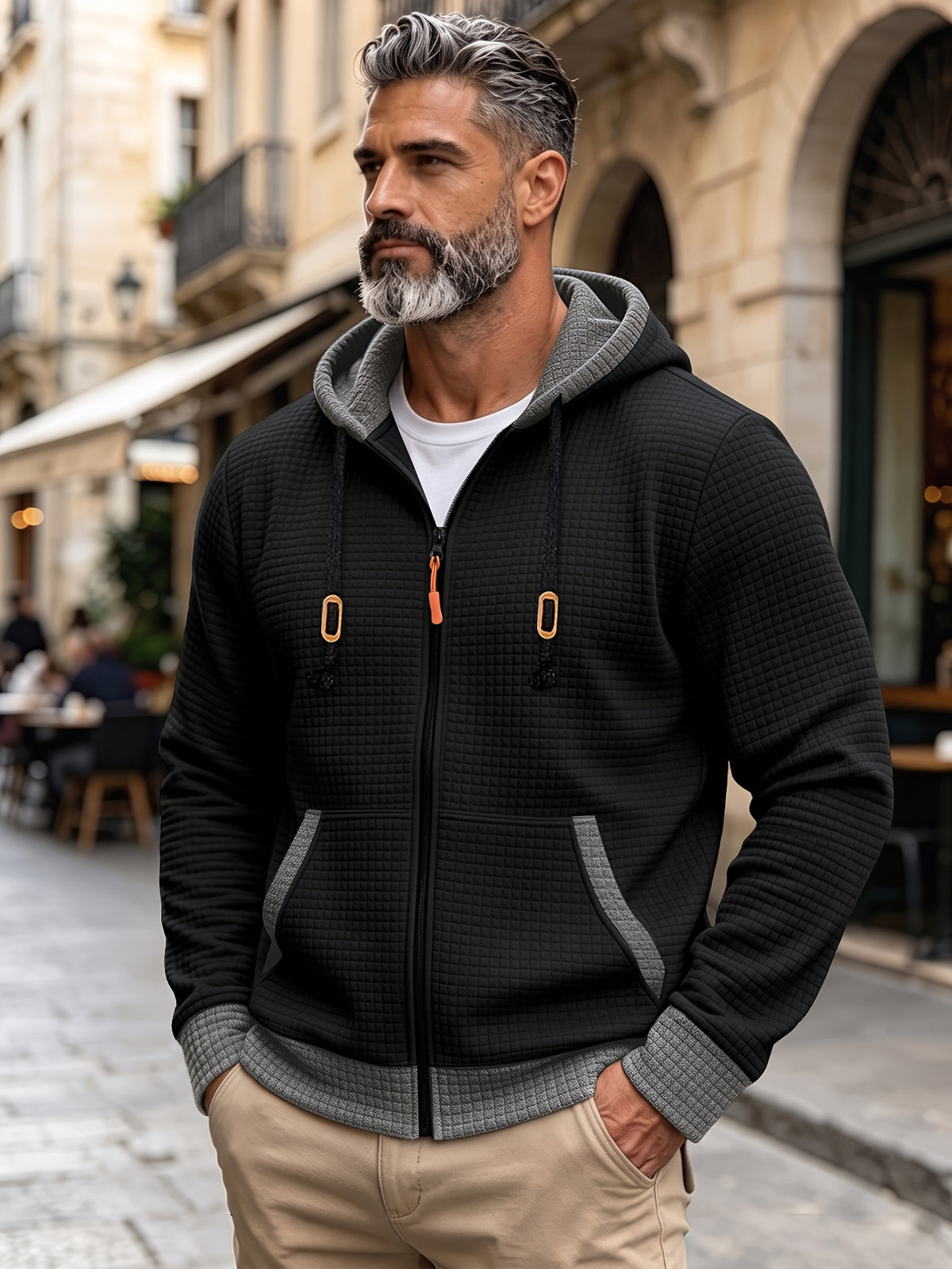 Autumn Winter Men'S Thick Jacquard Long Sleeve Cardigan Hooded Jacket Coat, Fashionable Checkered Jacquard Texture Fabric Comfortable, Suitable for Daily Outings, Outdoor Sports, Travel, And Vacation, Lightweight Comfortable Regular Fit - Black