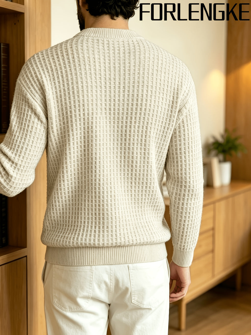 FORLENGKE Men's Waffle Knit Crewneck Sweater, New Autumn and Winter Solid Color Textured Knit Pullover with 3D Patterns, Casual and Commuter-Friendly, Simple and Versatile, Available in Multiple Colors, Suitable for Wearing Alone or Layering - Apricot