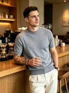 Men's Minimalist Urban Style Half-Turtleneck Short-Sleeve Knit Sweater with Fine Texture, Breathable for Spring/Summer Daily Wear - Medium Gray
