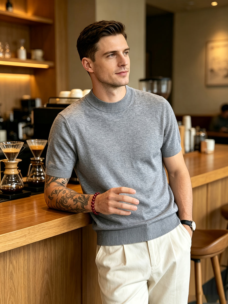 Men's Minimalist Urban Style Half-Turtleneck Short-Sleeve Knit Sweater with Fine Texture, Breathable for Spring/Summer Daily Wear - Medium Gray