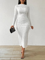 Women's Elegant Boat Neck Long Dress - Textured with Striped Pattern & Front Knot Detail, Bodycon Silhouette, Machine Washable, All-Season Formal Party Wear, Seasonal Fashion, Structured Fit - White