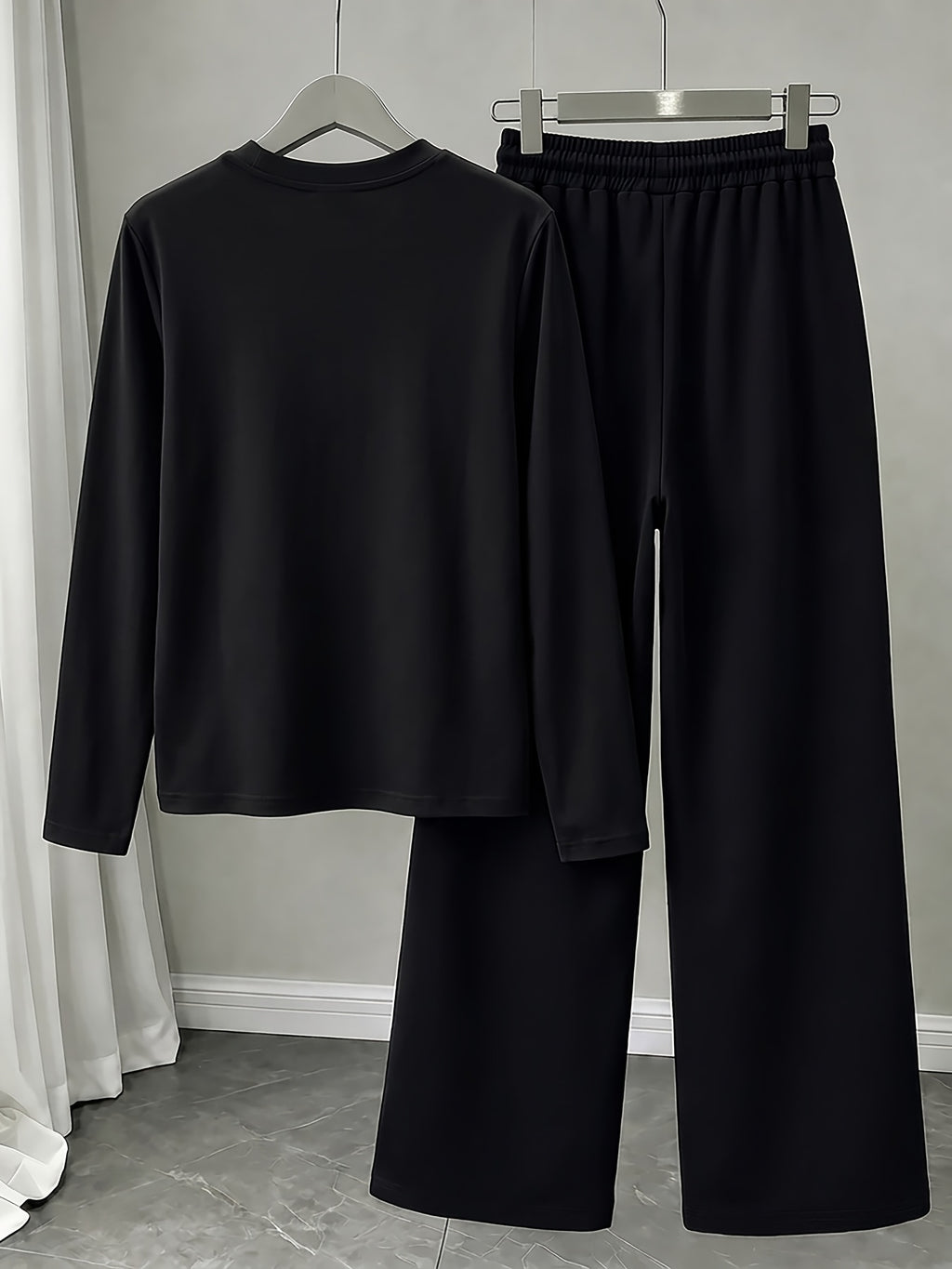 Heartbeat ECG Heart Pattern Print, American Vintage Korean-Style Relaxed Fit Women's Loose Crew Neck Long Sleeve Top and Drawstring Straight-Leg Wide-Leg Pants 2pcs Set, Simple Casual Sportswear, and Flattering on All Body Types, Versatile for All - Black+black