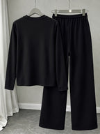 Heartbeat ECG Heart Pattern Print, American Vintage Korean-Style Relaxed Fit Women's Loose Crew Neck Long Sleeve Top and Drawstring Straight-Leg Wide-Leg Pants 2pcs Set, Simple Casual Sportswear, and Flattering on All Body Types, Versatile for All - Black+black