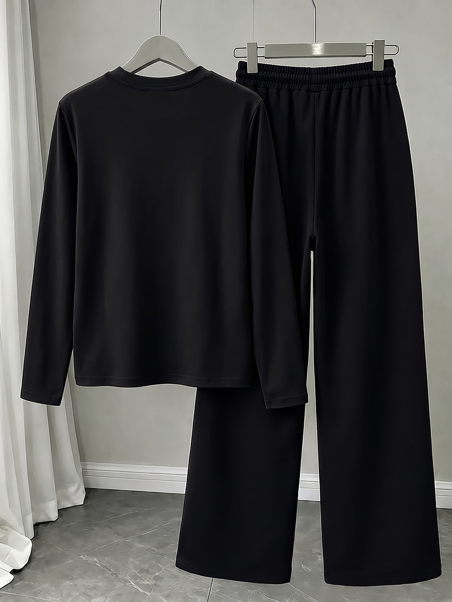 Heartbeat ECG Heart Pattern Print, American Vintage Korean-Style Relaxed Fit Women's Loose Crew Neck Long Sleeve Top and Drawstring Straight-Leg Wide-Leg Pants 2pcs Set, Simple Casual Sportswear, and Flattering on All Body Types, Versatile for All - Black+black