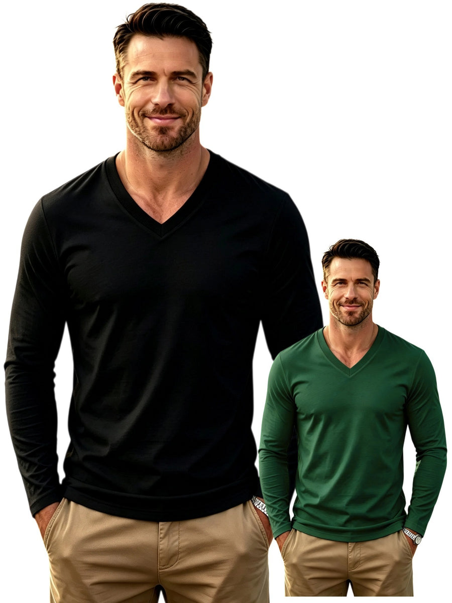 100%, 2pcs Men'S V-Neck Long Sleeve T-Shirts, Men'S Knit Sweatshirts, Casual Athletic Ribbed Neck Tops - Black+Blackish Green