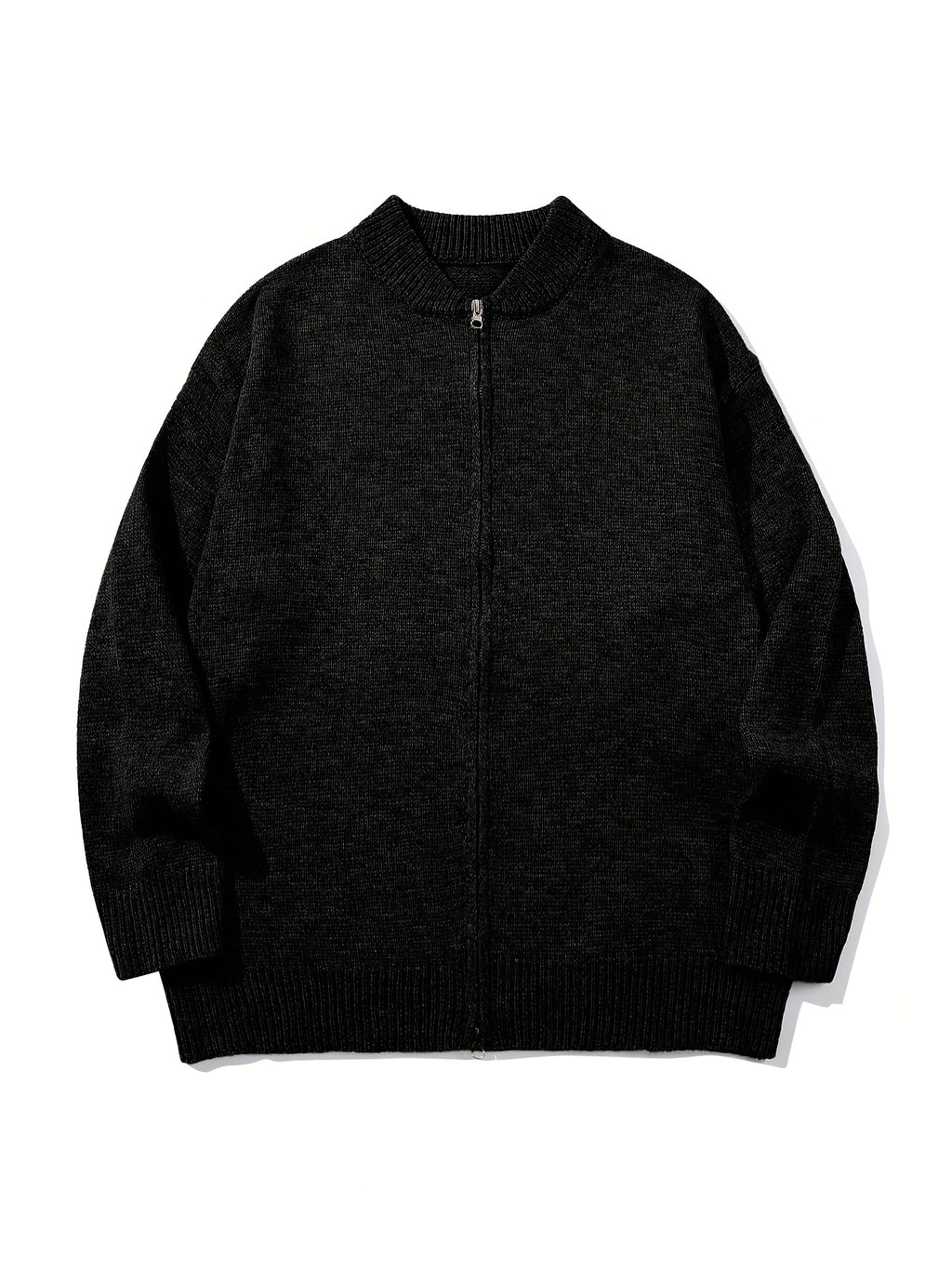 Autumn/Winter New Japanese & Korean Style Men's Simple Versatile Solid Color Casual Loose Long Sleeve Zipper Fabric Cardigan Open Front Knitted Outerwear - Black