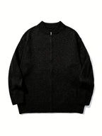 Autumn/Winter New Japanese & Korean Style Men's Simple Versatile Solid Color Casual Loose Long Sleeve Zipper Fabric Cardigan Open Front Knitted Outerwear - Black