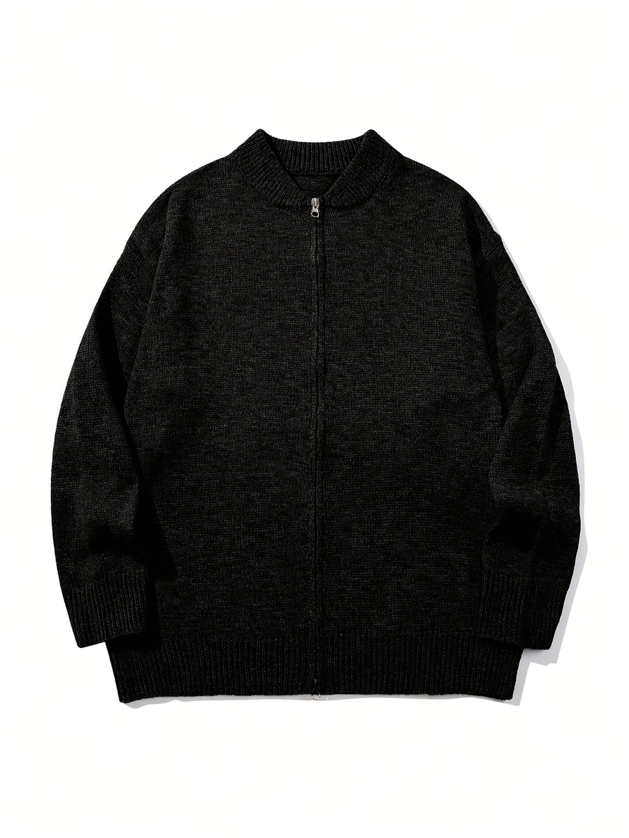 Autumn/Winter New Japanese & Korean Style Men's Simple Versatile Solid Color Casual Loose Long Sleeve Zipper Fabric Cardigan Open Front Knitted Outerwear - Black