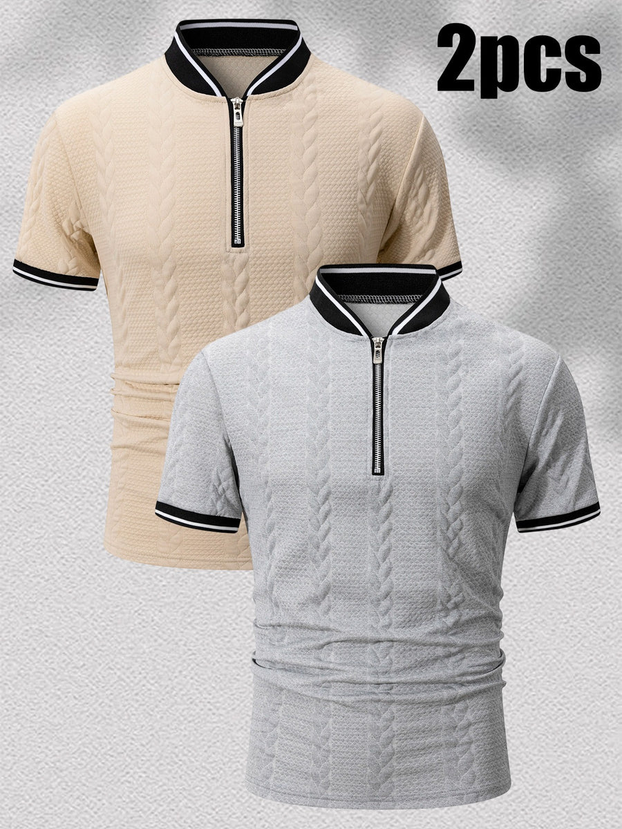 2pcs Men'S Ribbed Half-Zipper Short Sleeve Polo Shirts, Textured Knit Breathable T-Shirts, Commute Vacation Sports Casual Stand-Up Short Sleeves, Contrast Trim Collar And Cuffs, Zippered Placket Design, Suitable for Summer Casual/Commute/Date Wear - Light Grey+Khaki