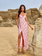 This Women'S Stylish Mesh Printed Backless Long Slip Dress with High Slits Is Perfect for Everyday Wear And Special Occasions, Ideal for Spring And Summer Vacations - pink color