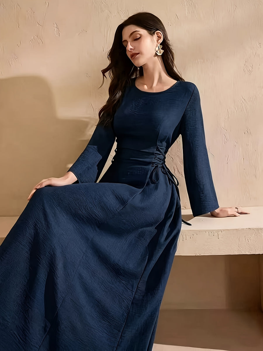 Women's Elegant A-Line Dress - Adjustable Drawstring Waist, Non-Stretchy Fabric for Formal & Everyday Events - Machine Washable Women's Clothing (Spring/Fall/Summer), Spring Outfit, Round Neckline, Flowing Silhouette - Navy Color