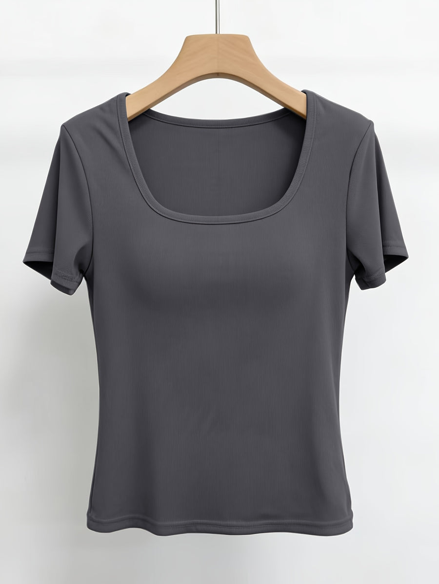 Women'S Short-Sleeve U-Neck T-Shirt for Summer, Stylish And Fitted Base Layer - Dark Gray