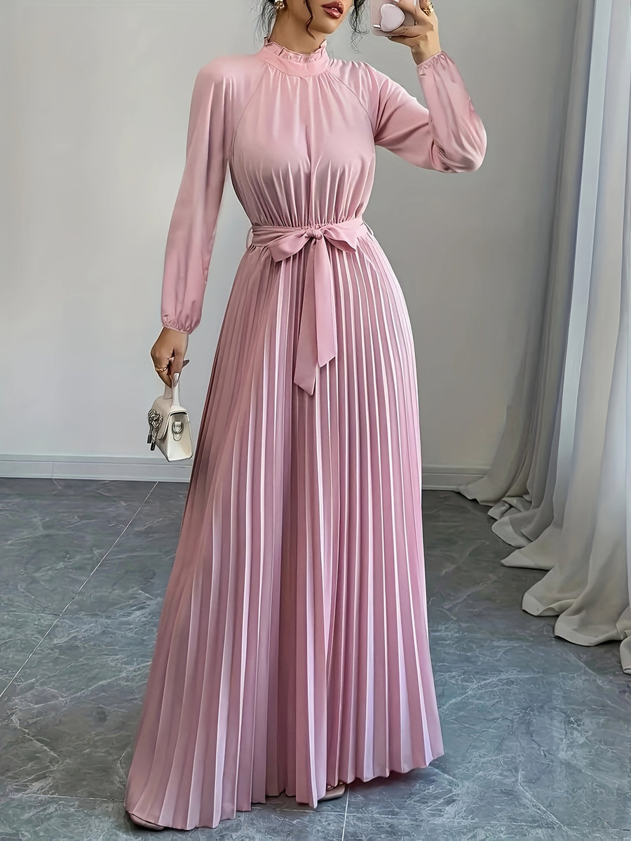 Women'S Long Sleeve Easy Tie-Waist Long Dress - Pink
