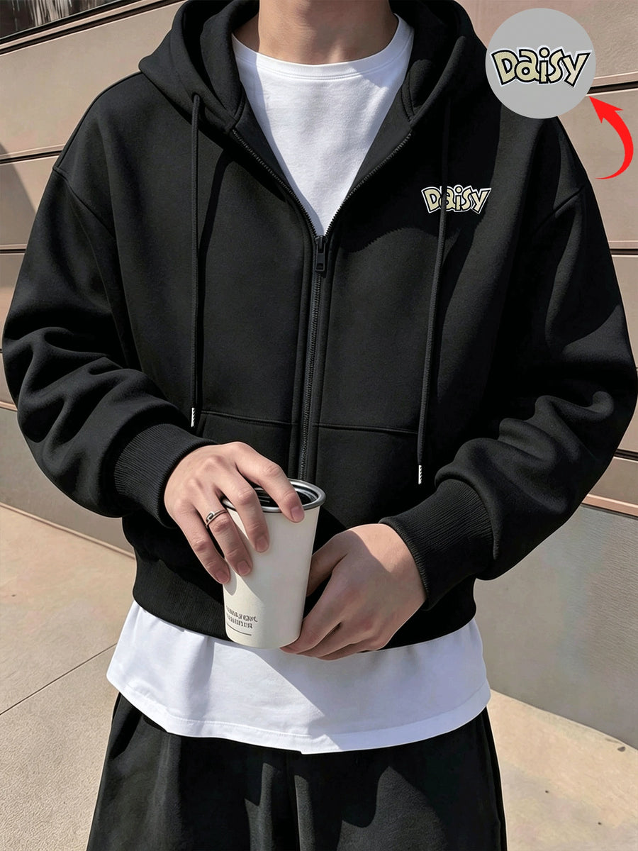 Men's Solid Color Drop Shoulder Zip-Up Sweatshirt, Double-Layer Hooded Sweatshirt Jacket, Long-Sleeve -Lined Jacket, Men's Zip-Up Cardigan for Spring/Autumn Casual Wear, Cropped Hooded Sweatshirt with Pockets and Drawstring, Suitable for Outings - Black 2
