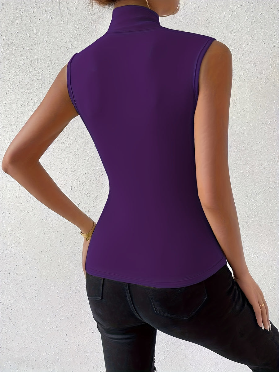 Women'S Elegant Summer Solid Color Overlap V-Neck Pleated Slim Fit Tank Top - Violet Blue