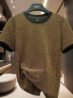 European Fashion Men'S Jacquard Short Sleeve T-Shirt, Metallic Men'S Wear, Premium Top - 10309 Huike Warehouse-8198 Golden