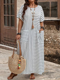 Plus Size, Plus Size Women's Striped Print Batwing Short Sleeve Round Neck Maxi Dress with Pockets, Casual Loose Spring Summer Style - Mixed colors