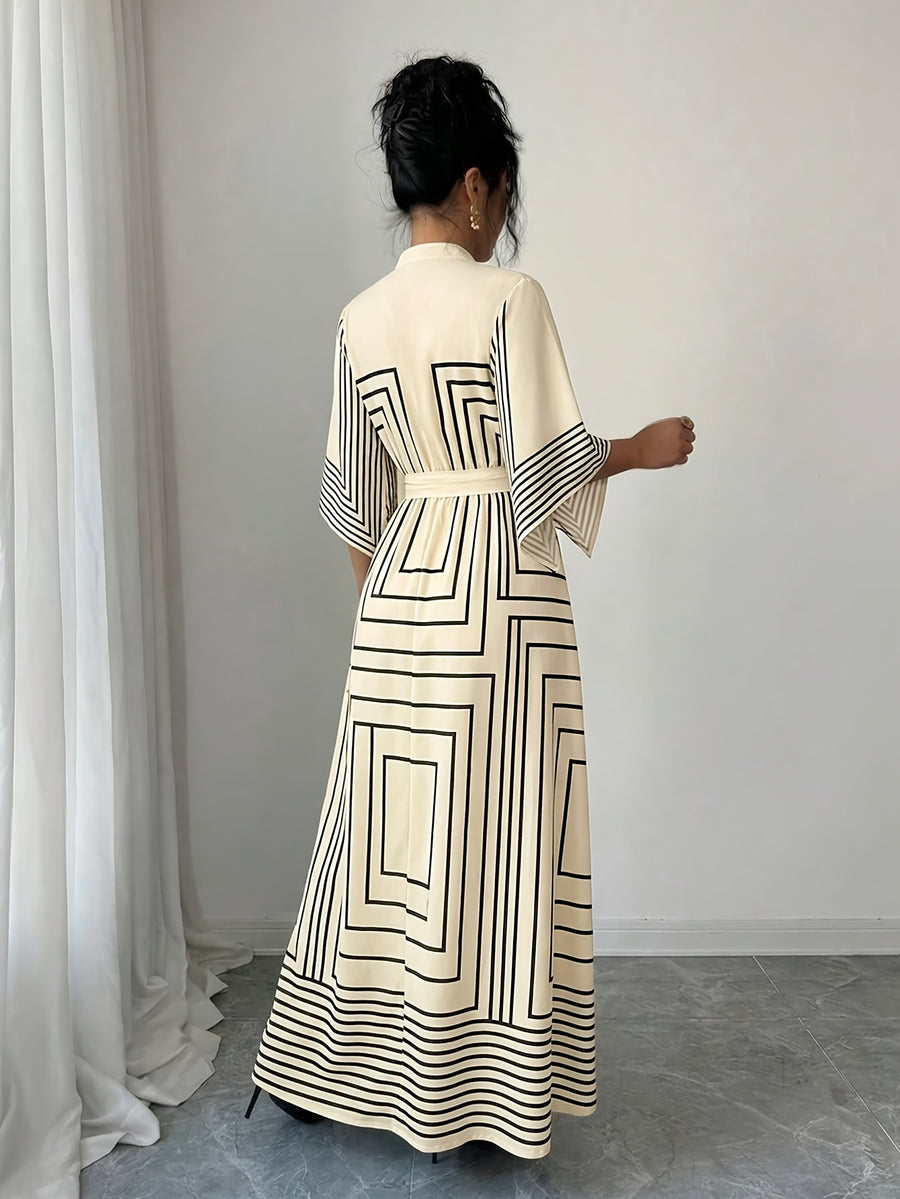 New Women's Fashion, Elegant Geometric Print Long Sleeve Short Dress, Suitable for Spring/Summer Commuting and Dating - Apricot
