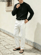 FORLENGKE Men's Autumn/Winter American-Style Relaxed Holiday Twist-Knit Henley Neck Knit Top, Solid Color Versatile for a Vacation Vibe, Suitable for Autumn/Winter Seaside Strolls, Town Wanders, Short Trips, Picnics, and Gatherings - Black