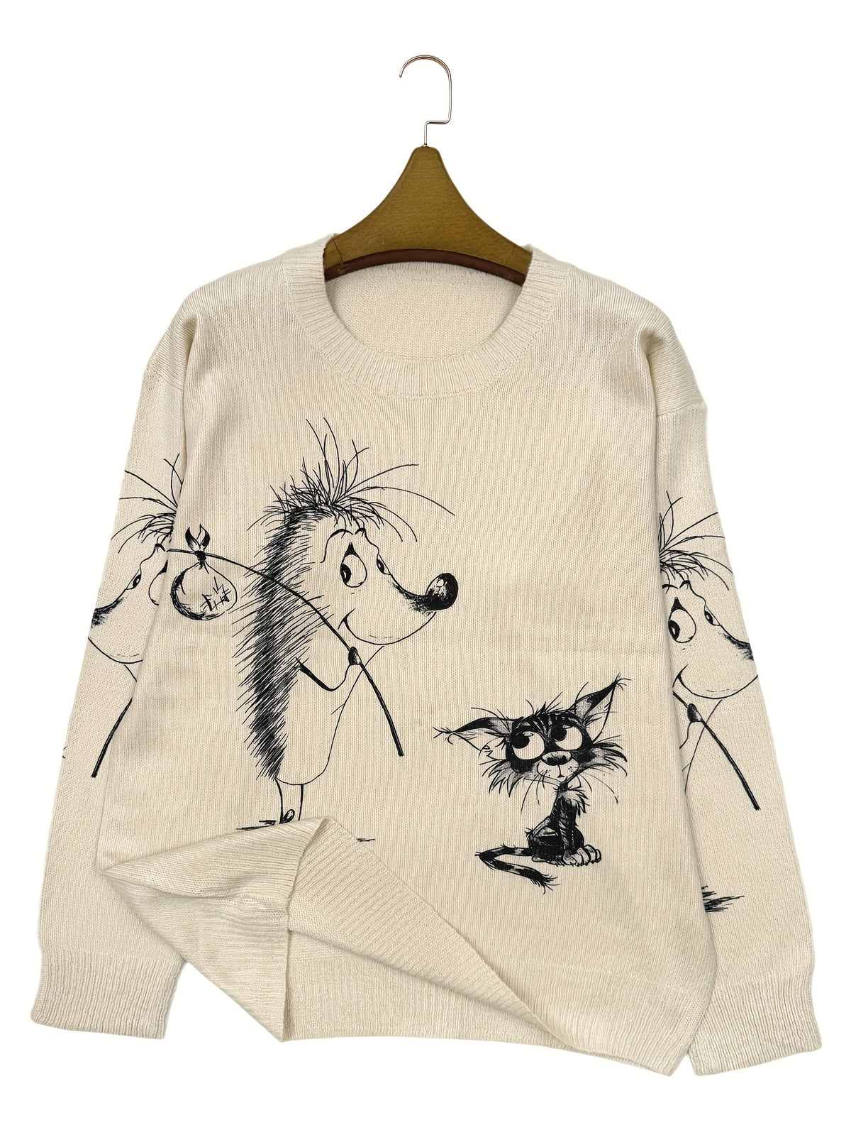 Women's All Over Printed Long Sleeve Universal Crew Neck Lightweight Sweater, Trendy Wear, Ultra HD Cartoon Hedgehog And Cat Pattern, Perfect for Casual Elegance Style Outfits - Suitable for All Seasons - Multicolor