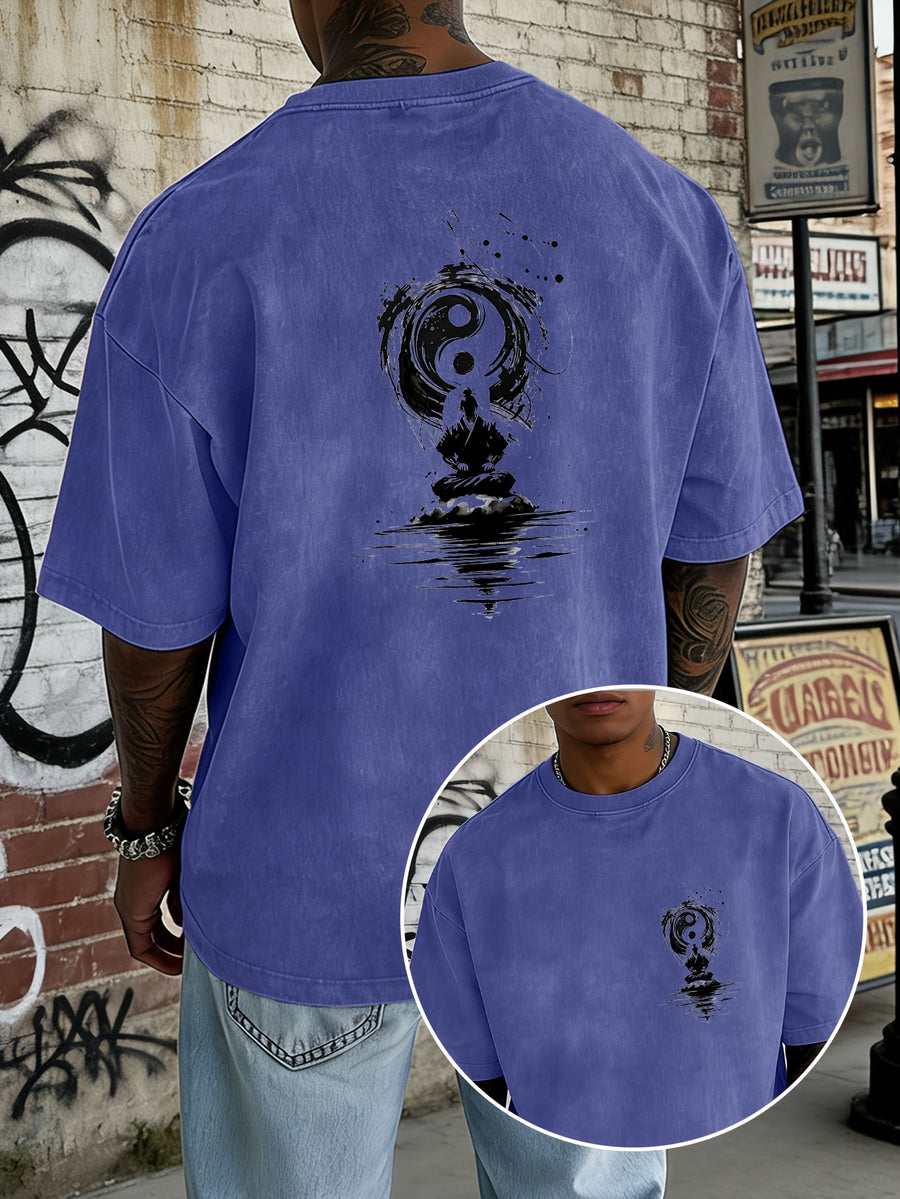 Washed and Distressed Pure Cotton Short-sleeve T-shirt with Trendy Double-sided Print Featuring Tai Chi, Zen, and Meditating Ink Wash Art. Available in 12 Colors for Mix-and-match Styling. Loose-fit Men's Top in High Street Y2K Style - Royal Blue