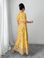 Holiday Gathering Vacation Dress Printed Dress Women'S Fashion Round Neck Short Puff Sleeve Skirt Design with Belt Waist-Cinching Long Dress Elegant Summer Dress ASD1 - Yellow