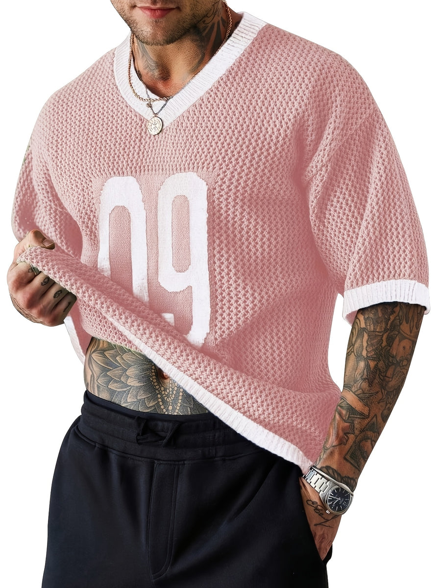 Spring Summer New Men'S Short Sleeve Hollow Loose Knit Pullover Top V-Neck Pullover Casual Outdoor Top - Pink Color