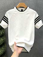 Men'S Knit Pullover Sweater in Stock Summer Light Mature Fashion Brand Contrast Striped Premium Knit Short Sleeve Men'S Round Neck T-Shirt Top - White