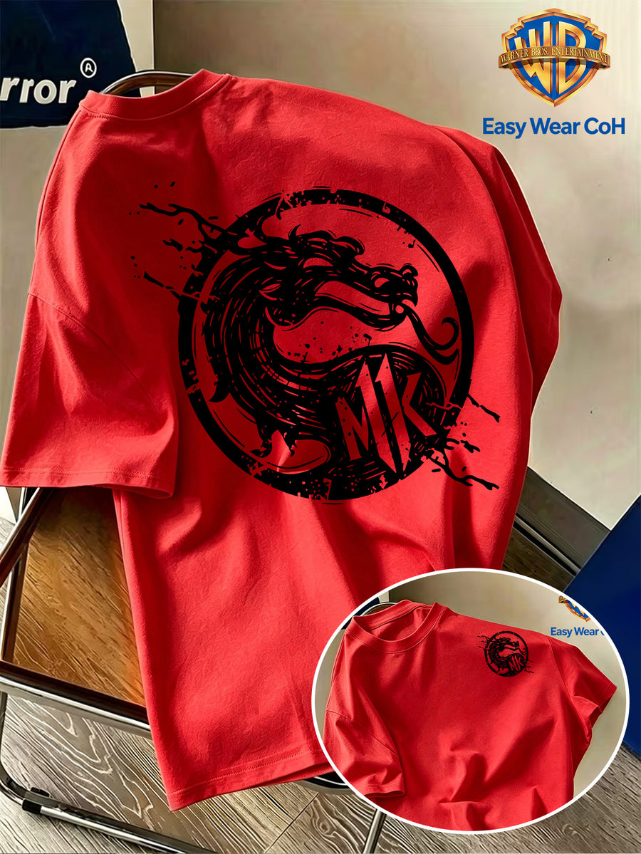 Warner Bros. Official Men's Double-Sided Front and Back Print Short-Sleeve T-Shirt, Featuring a Hand-Drawn Sketch Dragon Logo with a Splatter Ink Creative Design. The Handwritten Scrawl Lines Create a Rich Atmospheric Feel. The Fabric Is Breathable - Red