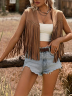 Women'S Casual Solid Color Edge Detail Tassel Vest - Brown