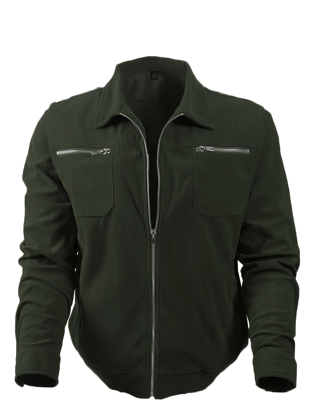 Men's Casual Long Sleeve Shirt Autumn Winter Solid Color Corduroy Zip-Up Jacket Vintage Style Top - Military Green